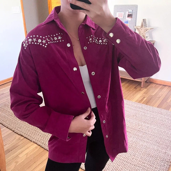 Understated Leather Pink Suede Silver Hardware Embellished Boho Western Jacket S - Picture 1 of 9